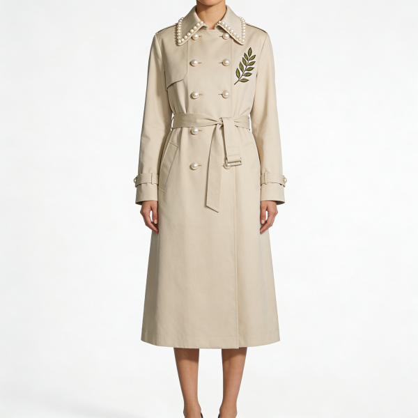 Beige Trench Coat with Pearl Accents and Olive Embroidery