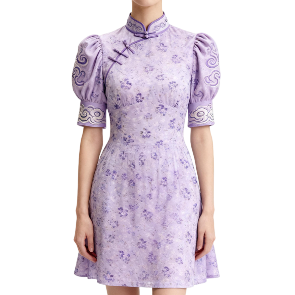 Lavender Cheongsam Dress with Cloud Embroidery