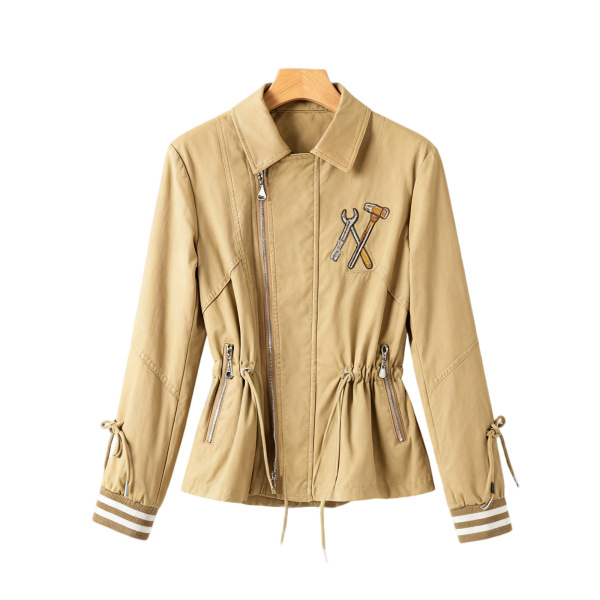Beige Drawstring Waist Jacket with Tool Embroidery