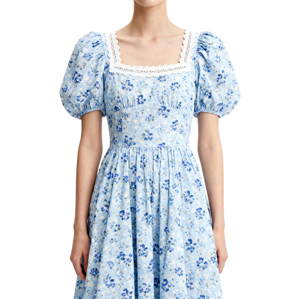 Light Blue Floral Square Neck Dress