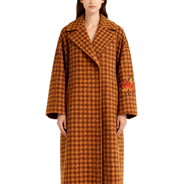Brown Houndstooth Wool Coat with Maple Leaf Embroidery