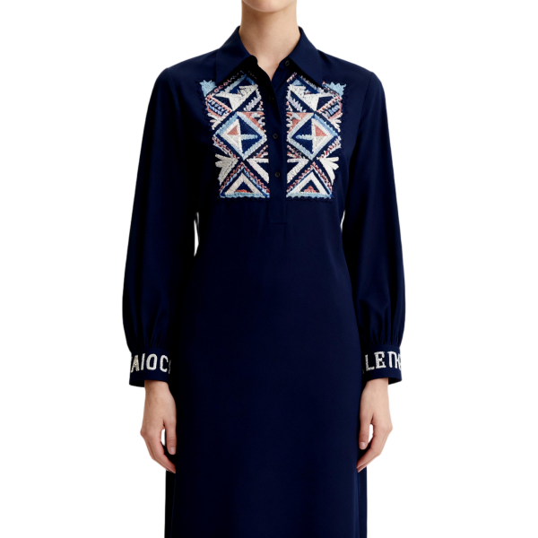 Navy Polo Collar Dress with Geometric Embroidery