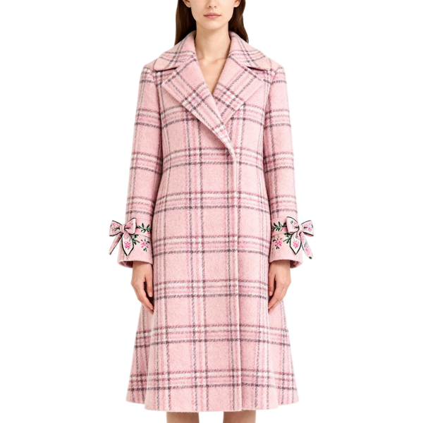 Pink Plaid Wool Coat with Bow Embroidery Cuffs