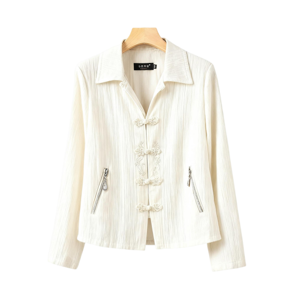 Ivory Textured Mandarin Frog Button Jacket