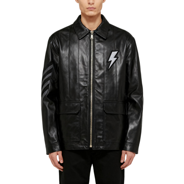Black Leather Jacket with Lightning Patch