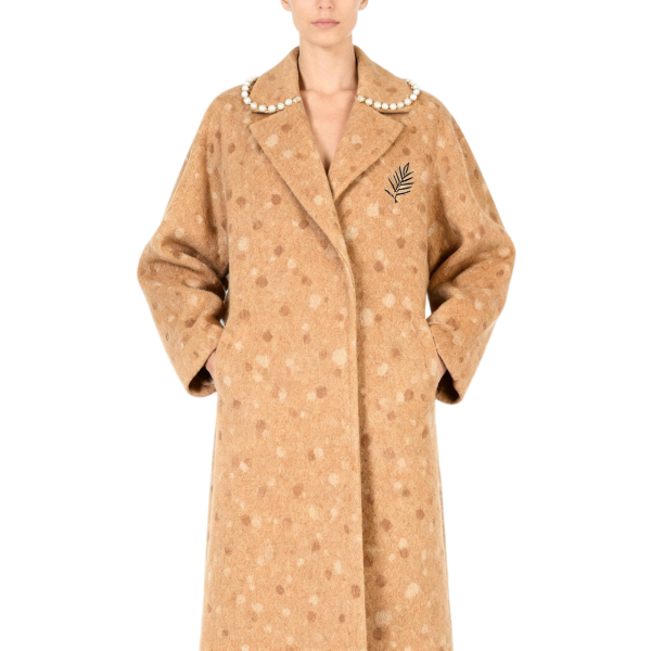 Camel Polka Dot Wool Coat with Pearl Collar