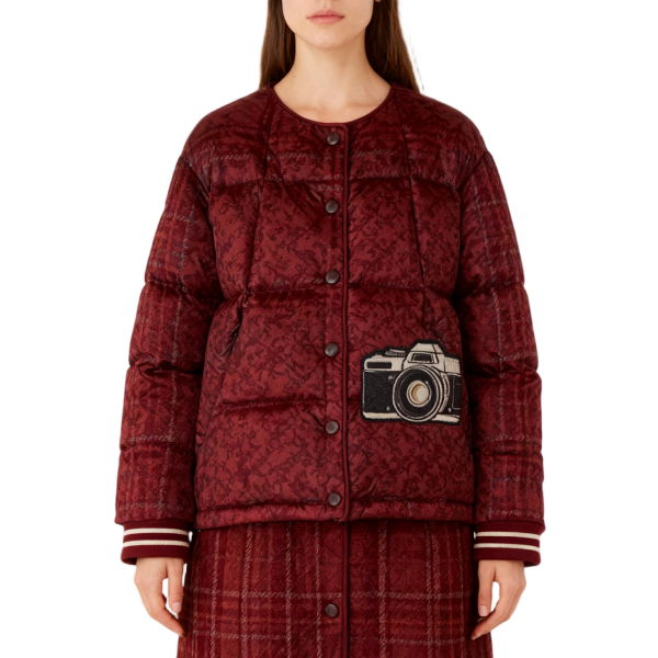 Burgundy Quilted Puffer Jacket with Camera Embroidery