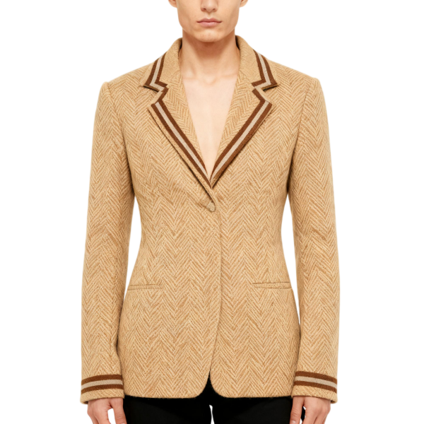 Beige Herringbone Blazer with Contrast Trim